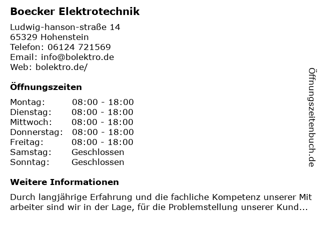 Boecker Elektrotechnik in Hohenstein: Adresse und Öffnungszeiten