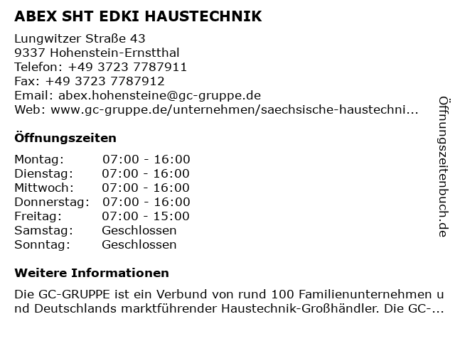 ABEX SHT EDKI HAUSTECHNIK in Hohenstein-Ernstthal: Adresse und Öffnungszeiten