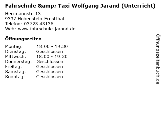 Fahrschule & Taxi Wolfgang Jarand (Unterricht) in Hohenstein-Ernstthal: Adresse und Öffnungszeiten