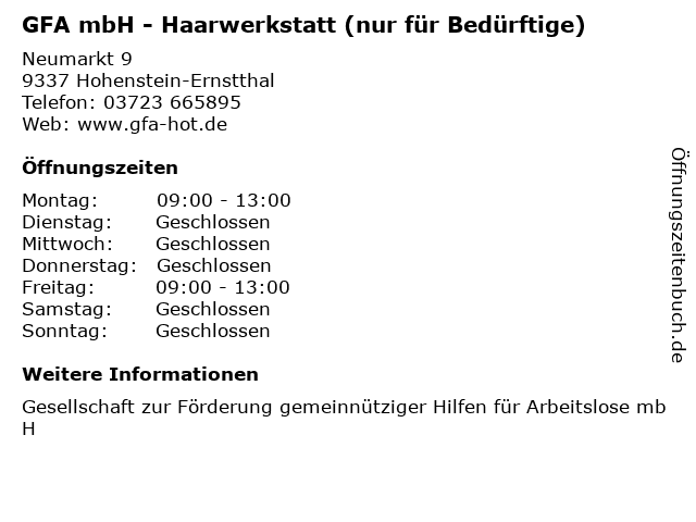 GFA mbH - Haarwerkstatt (nur für Bedürftige) in Hohenstein-Ernstthal: Adresse und Öffnungszeiten
