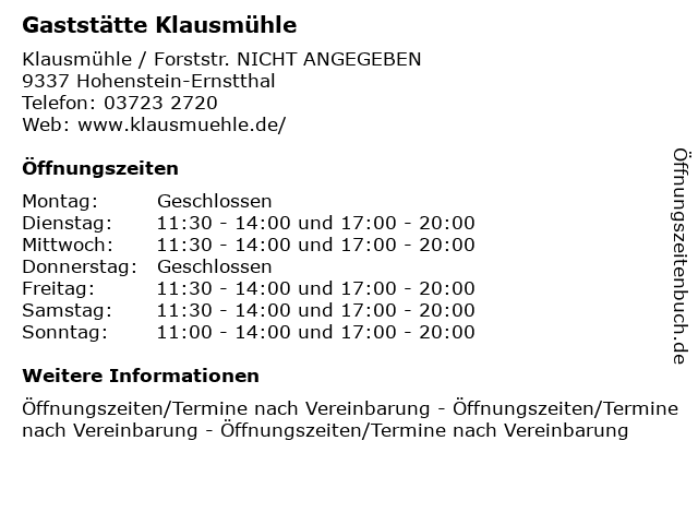 Gaststätte Klausmühle in Hohenstein-Ernstthal: Adresse und Öffnungszeiten