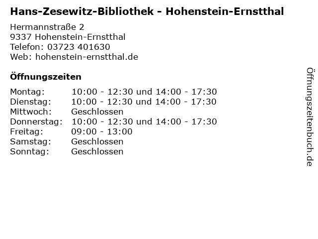 Hans-Zesewitz-Bibliothek - Hohenstein-Ernstthal in Hohenstein-Ernstthal: Adresse und Öffnungszeiten