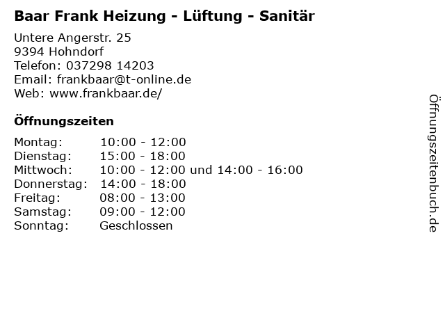 Baar Frank Heizung - Lüftung - Sanitär in Hohndorf: Adresse und Öffnungszeiten