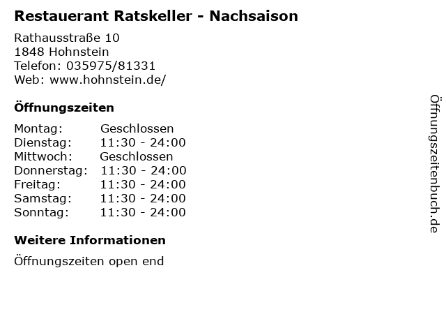 Restauerant Ratskeller - Nachsaison in Hohnstein: Adresse und Öffnungszeiten