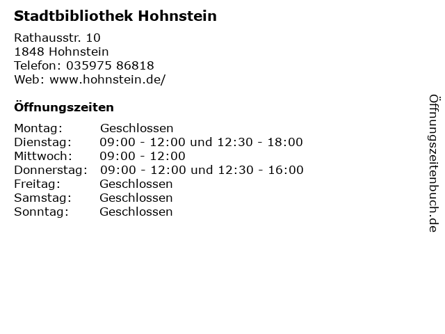 Stadtbibliothek Hohnstein in Hohnstein: Adresse und Öffnungszeiten