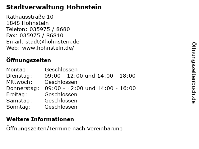 Stadtverwaltung Hohnstein in Hohnstein: Adresse und Öffnungszeiten
