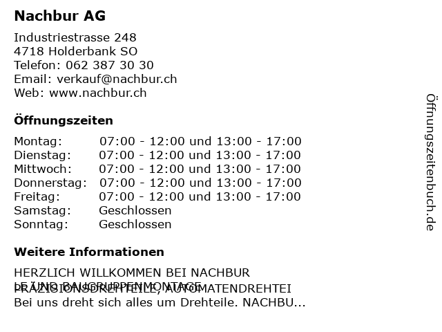 Nachbur AG in Holderbank SO: Adresse und Öffnungszeiten