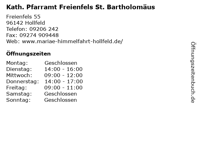 Kath. Pfarramt Freienfels St. Bartholomäus in Hollfeld: Adresse und Öffnungszeiten
