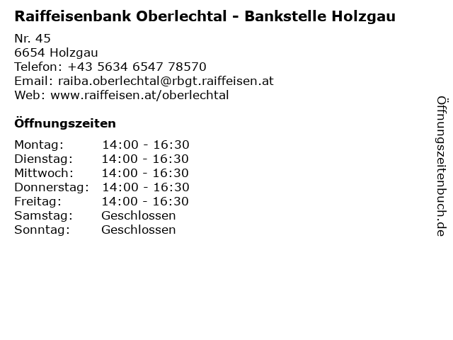 Raiffeisenbank Oberlechtal - Bankstelle Holzgau in Holzgau: Adresse und Öffnungszeiten