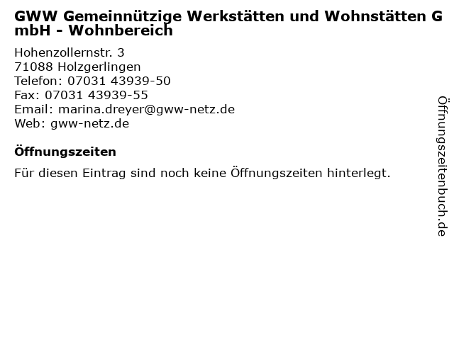 GWW Gemeinnützige Werkstätten und Wohnstätten GmbH - Wohnbereich in Holzgerlingen: Adresse und Öffnungszeiten