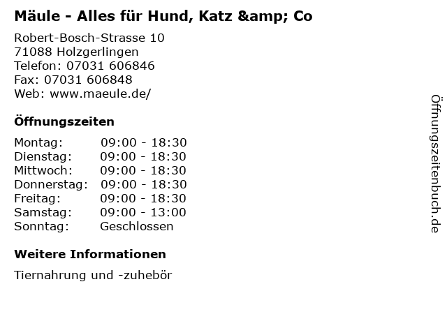 Mäule - Alles für Hund, Katz & Co in Holzgerlingen: Adresse und Öffnungszeiten