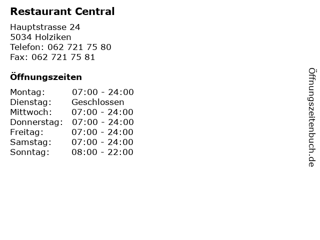 Restaurant Central in Holziken: Adresse und Öffnungszeiten