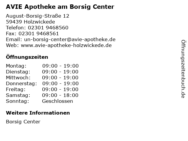 AVIE Apotheke am Borsig Center in Holzwickede: Adresse und Öffnungszeiten