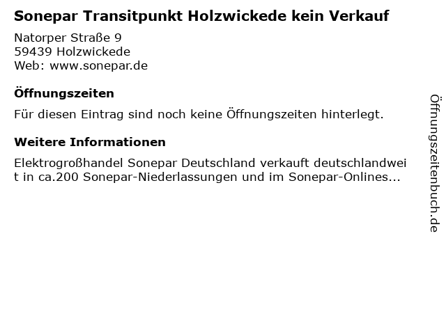 Sonepar Transitpunkt Holzwickede kein Verkauf in Holzwickede: Adresse und Öffnungszeiten