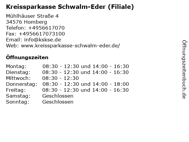 ᐅ Offnungszeiten Kreissparkasse Schwalm Eder Sparkassen Dienstleistungs Zentrum Muhlhauser Str 4 In Homberg