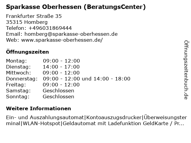 ᐅ Offnungszeiten Sparkasse Oberhessen Beratungscenter Homberg Frankfurter Strasse 35 In Homberg