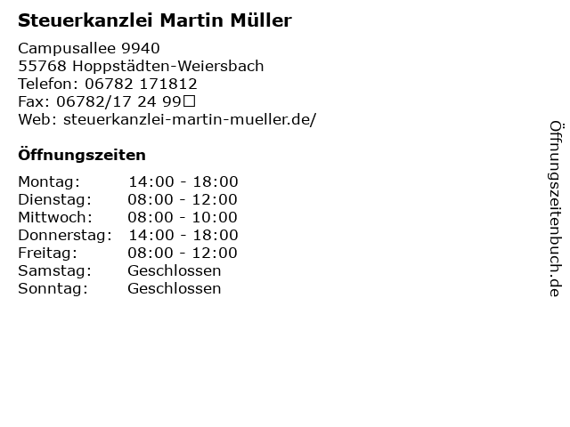 Steuerkanzlei Martin Müller in Hoppstädten-Weiersbach: Adresse und Öffnungszeiten