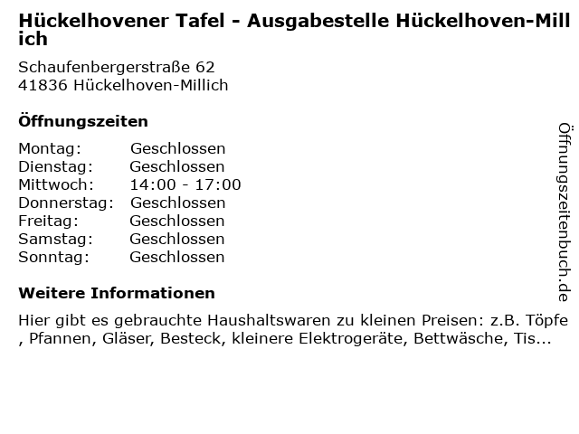 Hückelhovener Tafel - Ausgabestelle Hückelhoven-Millich in Hückelhoven-Millich: Adresse und Öffnungszeiten