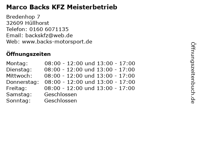 Marco Backs KFZ Meisterbetrieb in Hüllhorst: Adresse und Öffnungszeiten