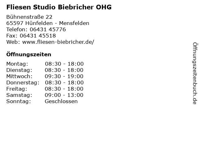 Fliesen Studio Biebricher OHG in Hünfelden - Mensfelden: Adresse und Öffnungszeiten