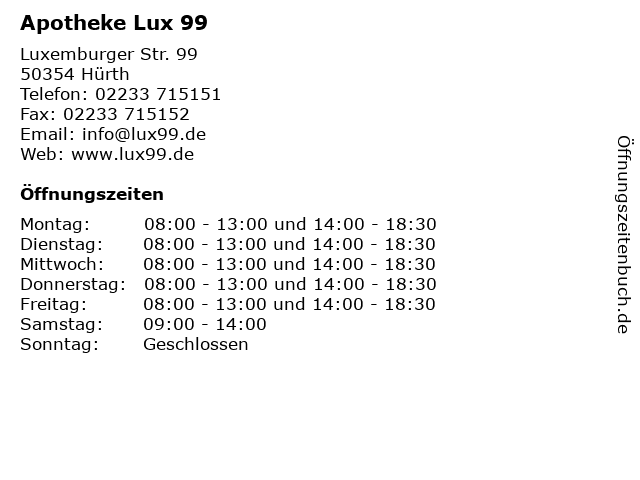 Apotheke Lux 99 in Hürth: Adresse und Öffnungszeiten