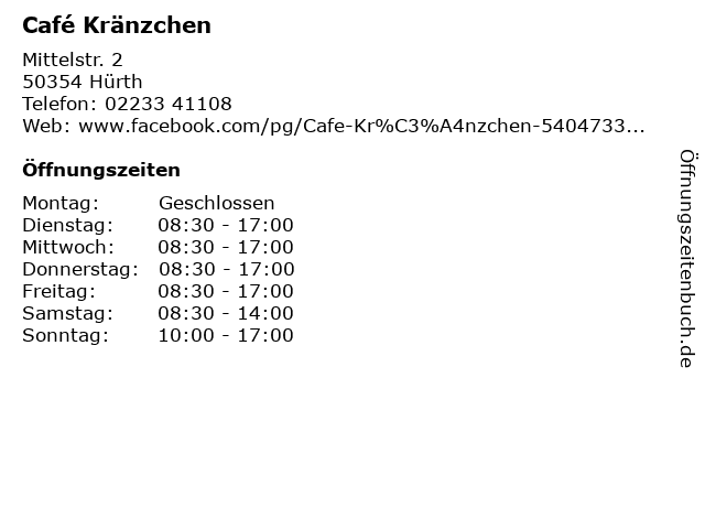 Café Kränzchen in Hürth: Adresse und Öffnungszeiten