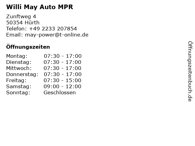 Willi May Auto MPR in Hürth: Adresse und Öffnungszeiten