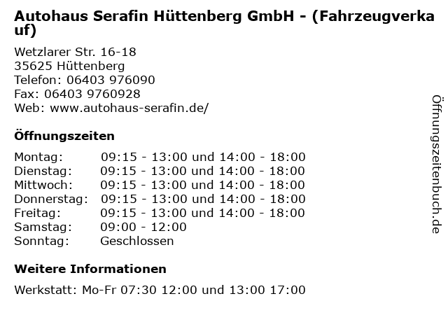 Autohaus Serafin Hüttenberg GmbH - (Fahrzeugverkauf) in Hüttenberg: Adresse und Öffnungszeiten