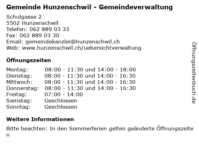 Gemeinde Hunzenschwil - Gemeindeverwaltung in Hunzenschwil: Adresse und Öffnungszeiten