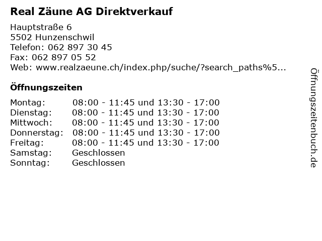 Real Zäune AG Direktverkauf in Hunzenschwil: Adresse und Öffnungszeiten