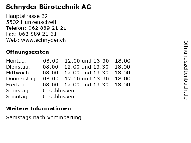 Schnyder Bürotechnik AG in Hunzenschwil: Adresse und Öffnungszeiten