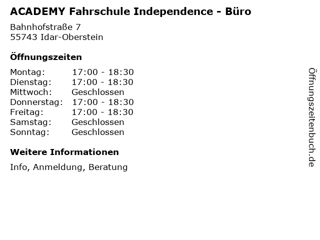 ACADEMY Fahrschule Independence - Büro in Idar-Oberstein: Adresse und Öffnungszeiten