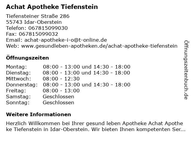 Achat Apotheke Tiefenstein in Idar-Oberstein: Adresse und Öffnungszeiten