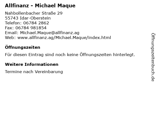 Allfinanz - Michael Maque in Idar-Oberstein: Adresse und Öffnungszeiten