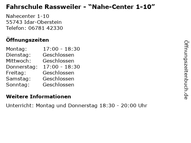 Fahrschule Rassweiler - “Nahe-Center 1-10” in Idar-Oberstein: Adresse und Öffnungszeiten