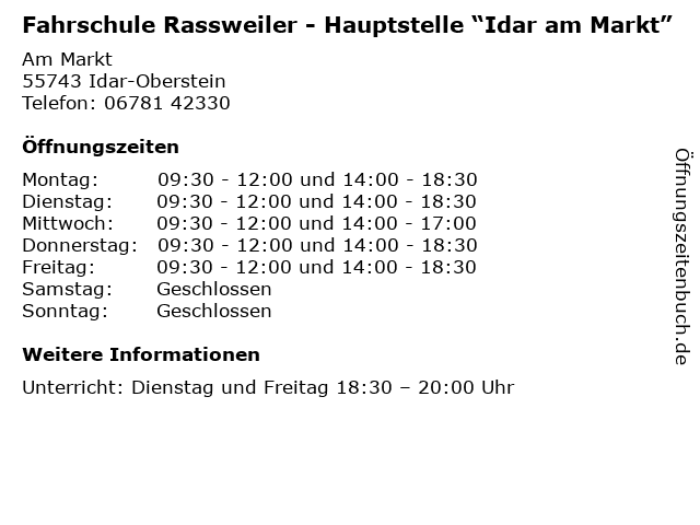 Fahrschule Rassweiler - Hauptstelle “Idar am Markt” in Idar-Oberstein: Adresse und Öffnungszeiten