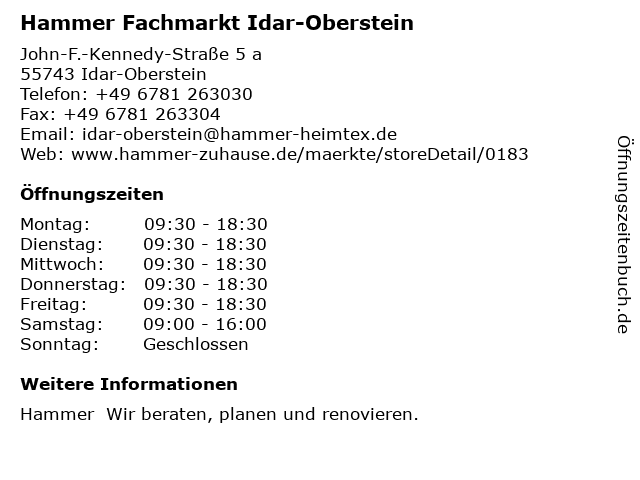 Hammer Fachmarkt Idar-Oberstein in Idar-Oberstein: Adresse und Öffnungszeiten
