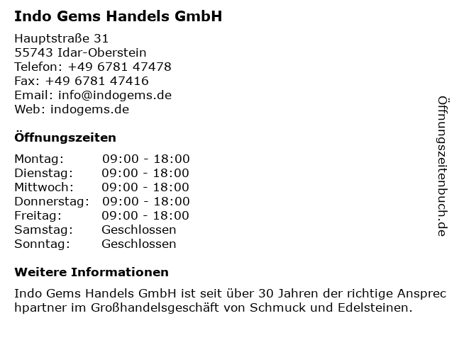 Indo Gems Handels GmbH in Idar-Oberstein: Adresse und Öffnungszeiten
