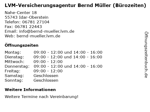 LVM-Versicherungsagentur Bernd Müller (Bürozeiten) in Idar-Oberstein: Adresse und Öffnungszeiten