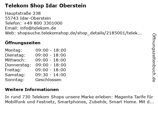 Telekom Shop Idar Oberstein in Idar-Oberstein: Adresse und Öffnungszeiten