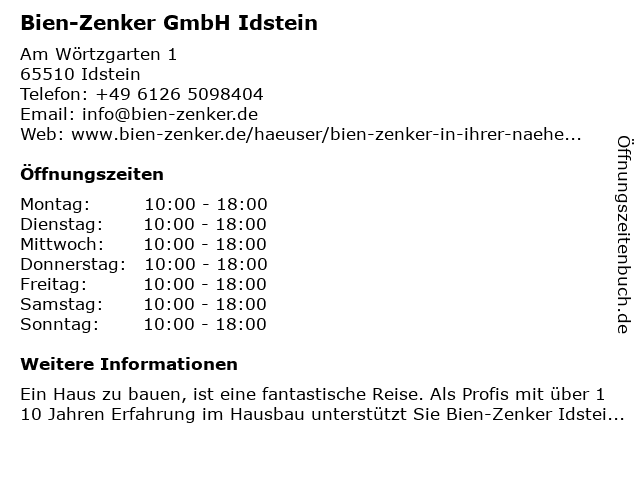 ᐅ Offnungszeiten Bien Zenker Gmbh Idstein Am Wortzgarten 1 In Idstein