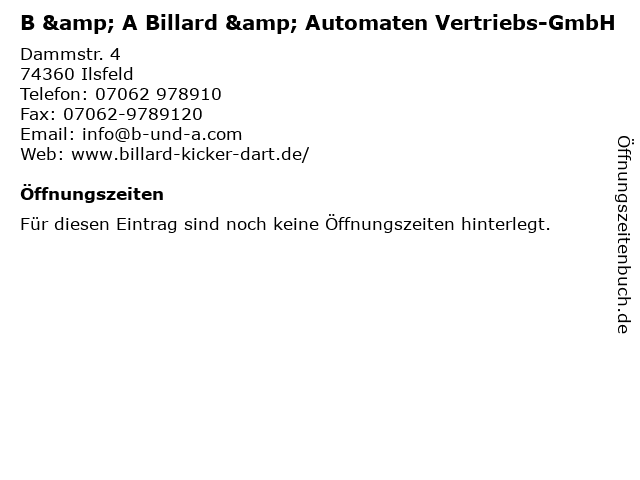 B & A Billard & Automaten Vertriebs-GmbH in Ilsfeld: Adresse und Öffnungszeiten