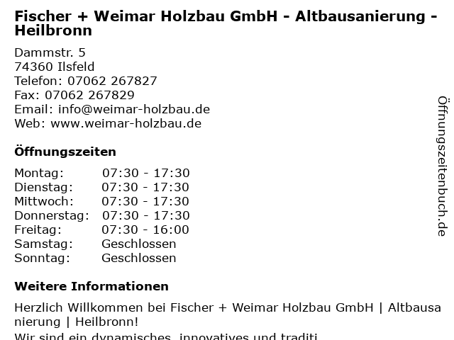 Fischer + Weimar Holzbau GmbH in Ilsfeld: Adresse und Öffnungszeiten