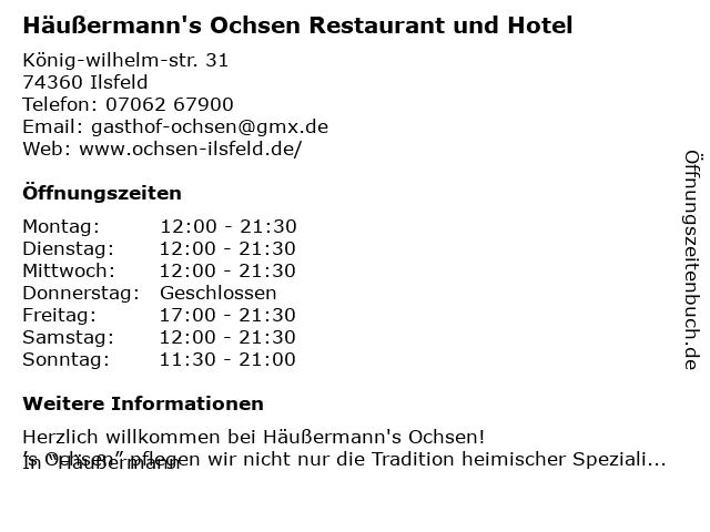 Häußermann's Ochsen Restaurant und Hotel in Ilsfeld: Adresse und Öffnungszeiten