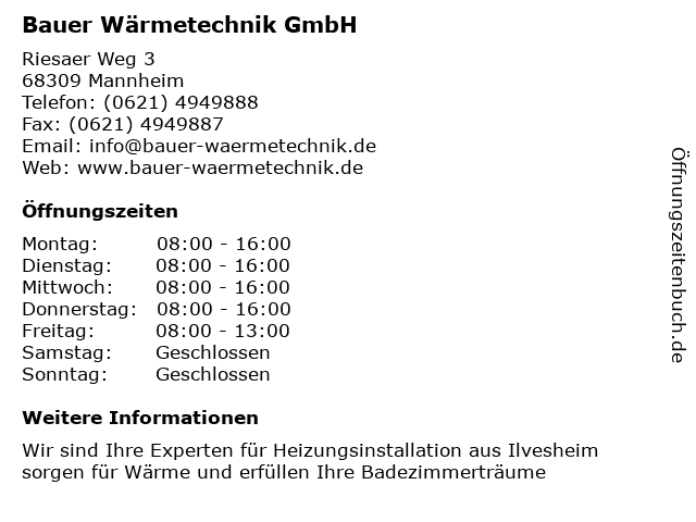 Bauer Wärmetechnik GmbH in Ilvesheim: Adresse und Öffnungszeiten