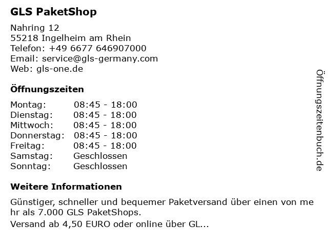 GLS PaketShop in Ingelheim am Rhein: Adresse und Öffnungszeiten