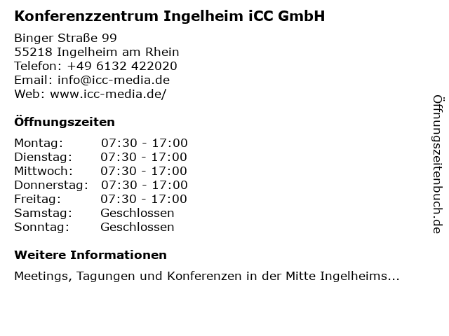 Konferenzzentrum Ingelheim iCC GmbH in Ingelheim am Rhein: Adresse und Öffnungszeiten