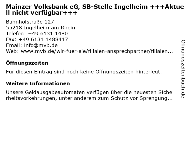 Mainzer Volksbank eG, SB-Stelle Ingelheim +++Aktuell nicht verfügbar+++ in Ingelheim am Rhein: Adresse und Öffnungszeiten