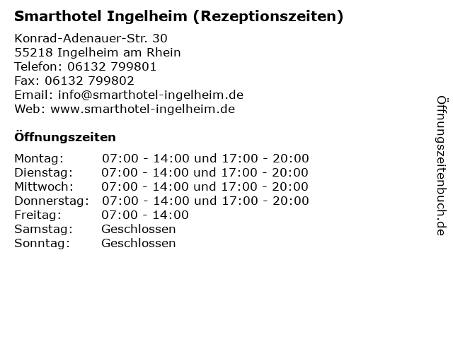 Smarthotel Ingelheim (Rezeptionszeiten) in Ingelheim am Rhein: Adresse und Öffnungszeiten