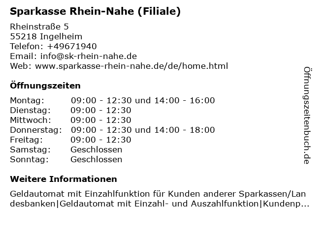 Sparkasse Rhein-Nahe (Filiale) in Ingelheim: Adresse und Öffnungszeiten